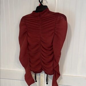 Topshop semi sheer burgundy,, high neck,long sleeved, ruched top size XS 0-2